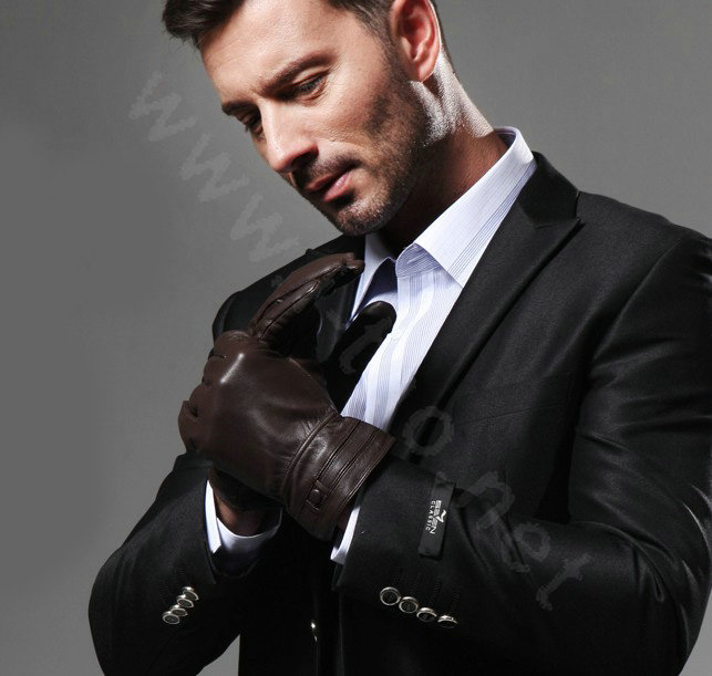 Allfond men business winter waterproof cold-proof warm goatskin genuine leather gloves L - Coffee