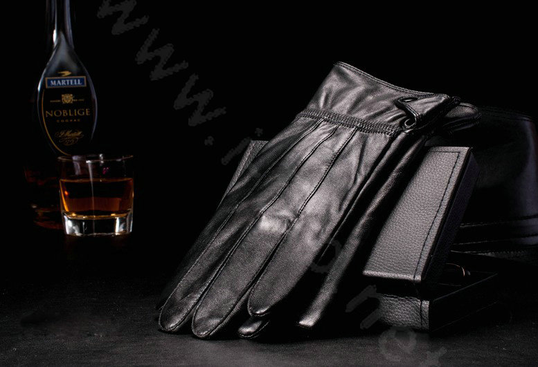 Allfond men button winter waterproof cold-proof plus velvet warm genuine sheep skin leather gloves - Black