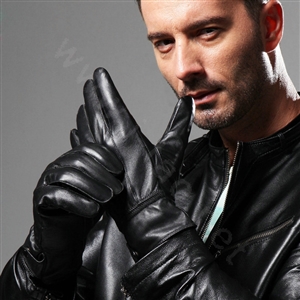 Allfond men button winter waterproof cold-proof plus velvet warm genuine sheep skin leather gloves - Black