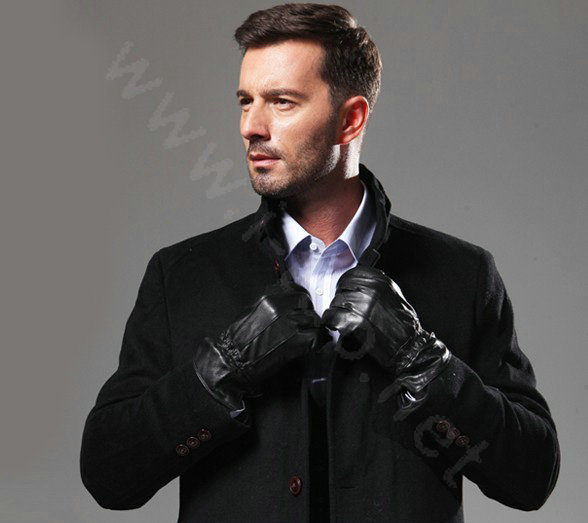 Allfond men folds winter waterproof cold-proof plus velvet warm genuine sheep skin leather gloves - Black