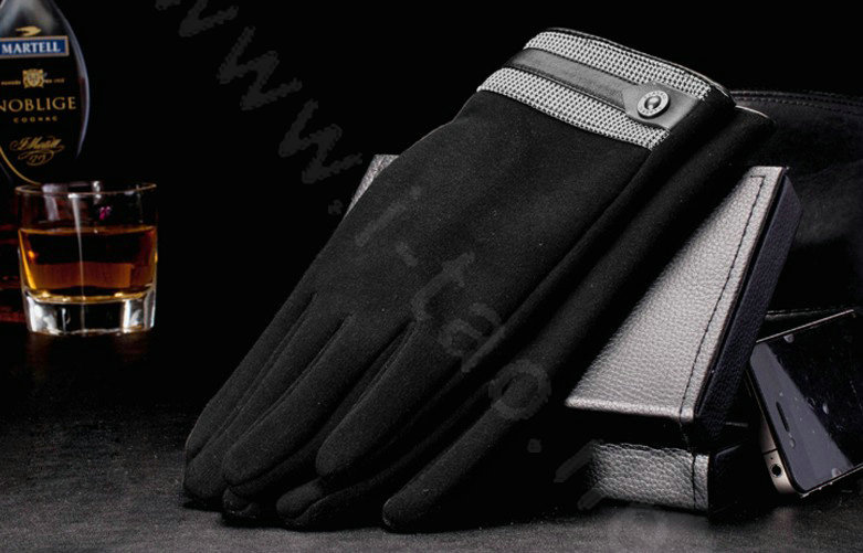 Allfond men touch screen gloves stretch cotton grid button winter warm business casual gloves - Black
