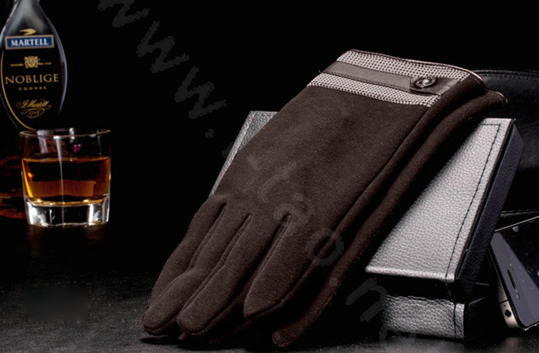 Allfond men touch screen gloves stretch cotton grid button winter warm business casual gloves - Coffee