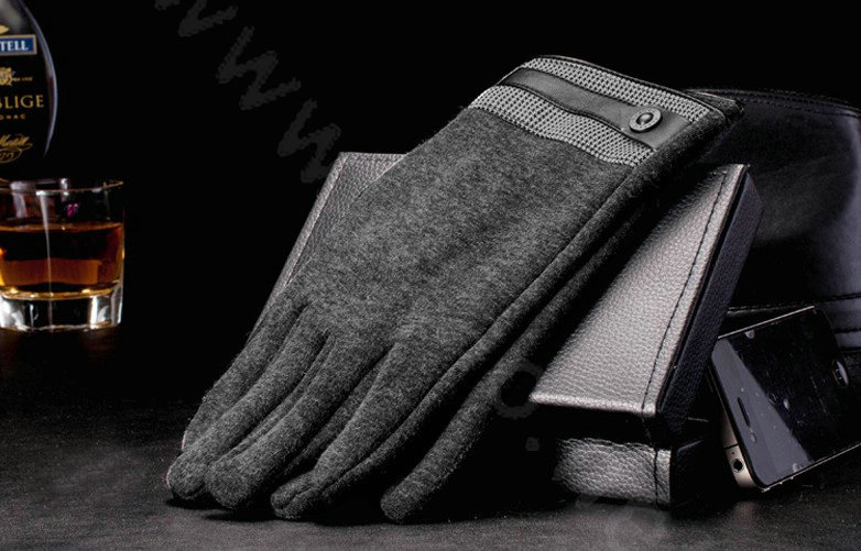 Allfond men touch screen gloves stretch cotton grid button winter warm business casual gloves - Gray