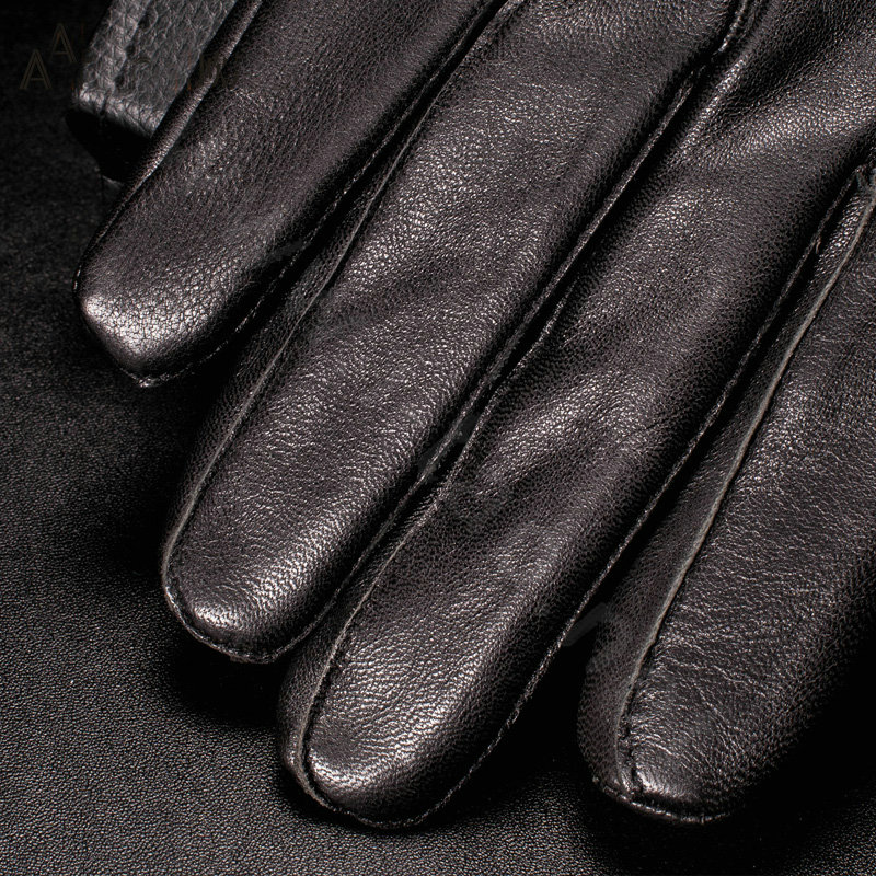 Allfond men velcro winter waterproof cold-proof plus velvet warm genuine sheep skin leather gloves - Black