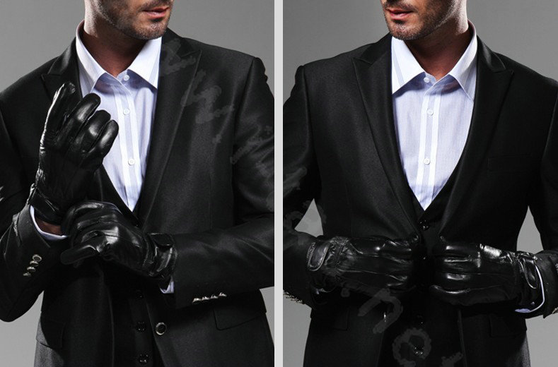 Allfond men velcro winter waterproof cold-proof plus velvet warm genuine sheep skin leather gloves - Black