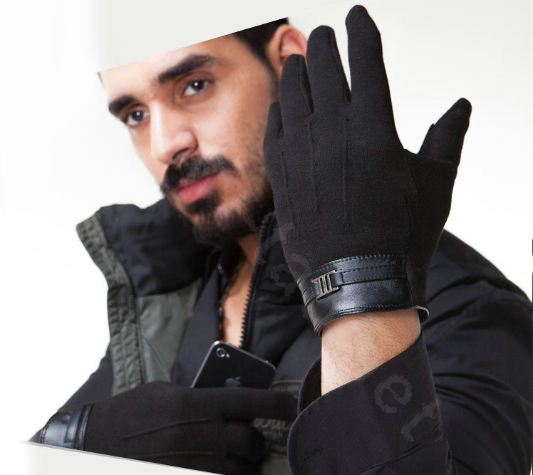 Allfond men winter touch screen gloves stretch cotton warm business casual solid color gloves - Black