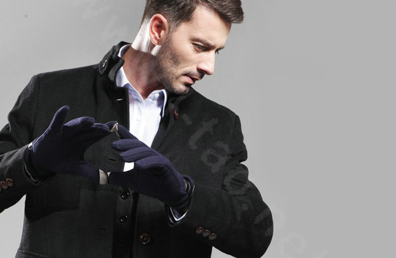 Allfond men winter touch screen gloves stretch cotton warm business casual solid color gloves - Blue