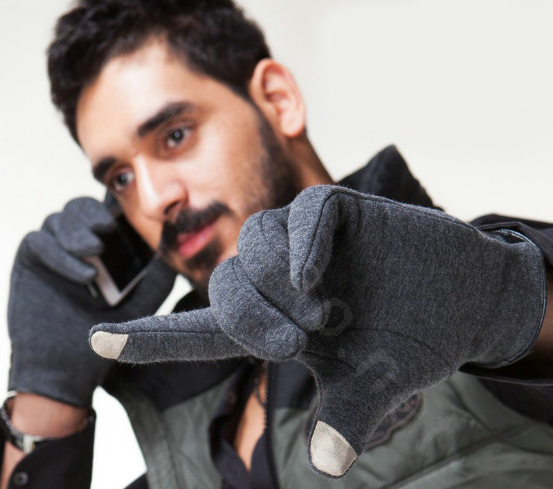 Allfond men winter touch screen gloves stretch cotton warm business casual solid color gloves - Gray