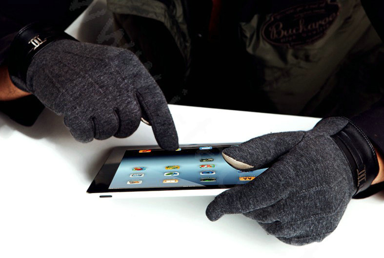 Allfond men winter touch screen gloves stretch cotton warm business casual solid color gloves - Gray