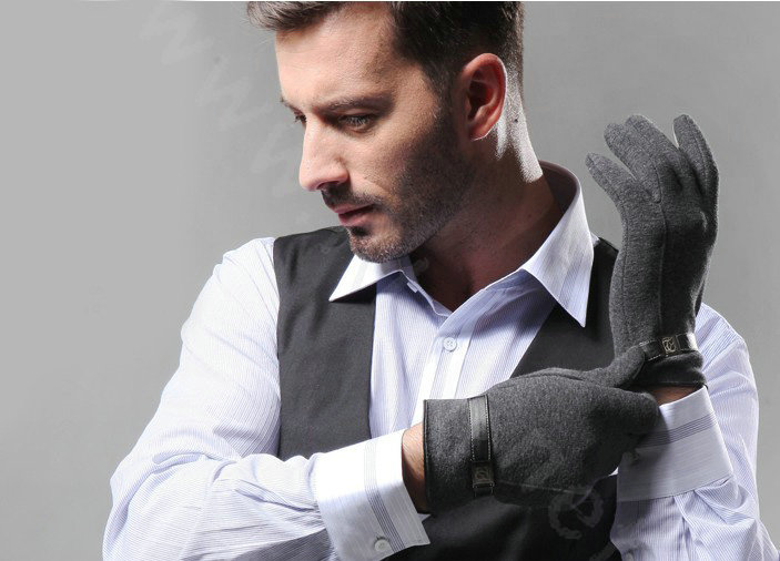 Allfond men winter touch screen gloves stretch cotton warm business casual solid color gloves - Gray