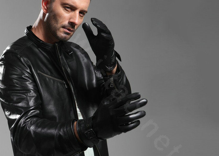 Allfond men winter waterproof cold-proof warm genuine goatskin leather hasp gloves L - Black