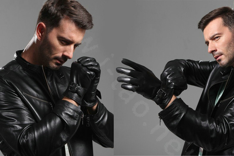 Allfond men winter waterproof cold-proof warm genuine goatskin leather hasp gloves L - Black