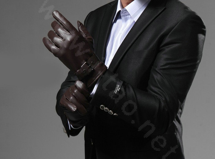 Allfond men winter waterproof cold-proof warm genuine goatskin leather hasp gloves L - Coffee
