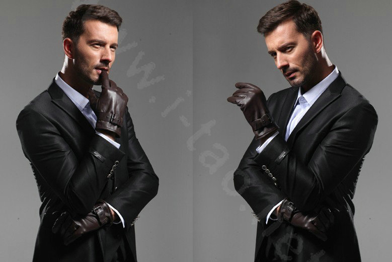 Allfond men winter waterproof cold-proof warm genuine goatskin leather hasp gloves L - Coffee