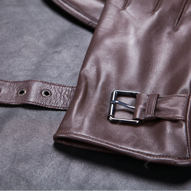 Allfond men winter waterproof cold-proof warm genuine goatskin leather hasp gloves L - Coffee