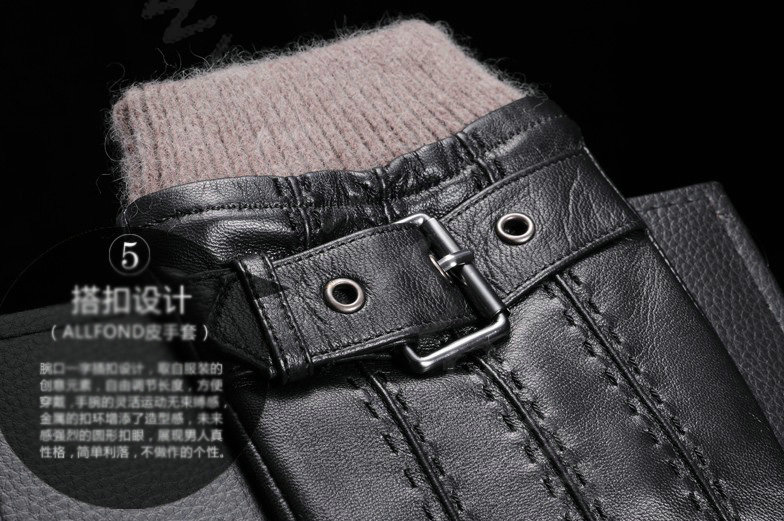 Allfond men winter waterproof cold-proof warm genuine goatskin leather hasp wool gloves L - Black