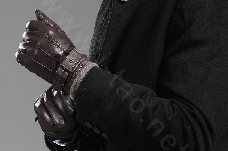 Allfond men winter waterproof cold-proof warm genuine goatskin leather hasp wool gloves L - Coffee