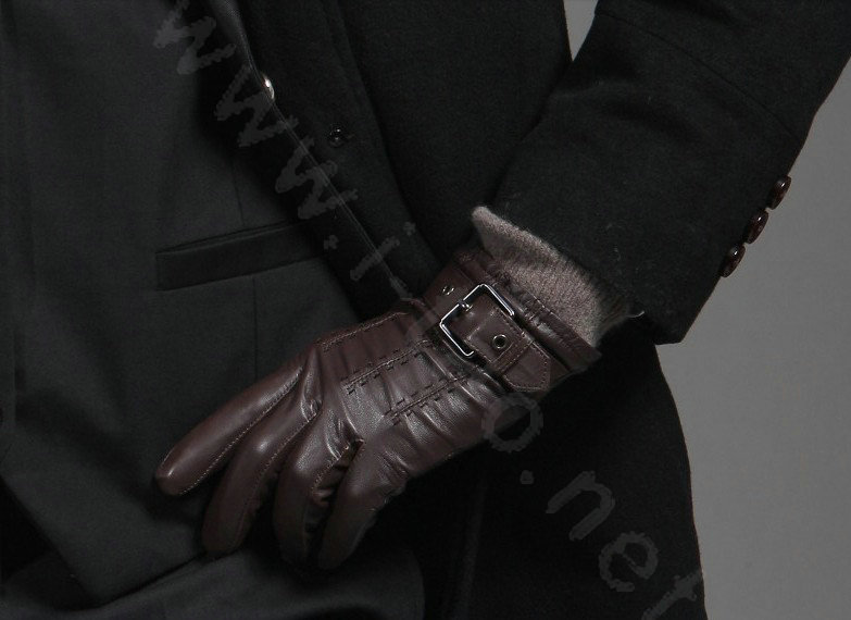 Allfond men winter waterproof cold-proof warm genuine goatskin leather hasp wool gloves L - Coffee