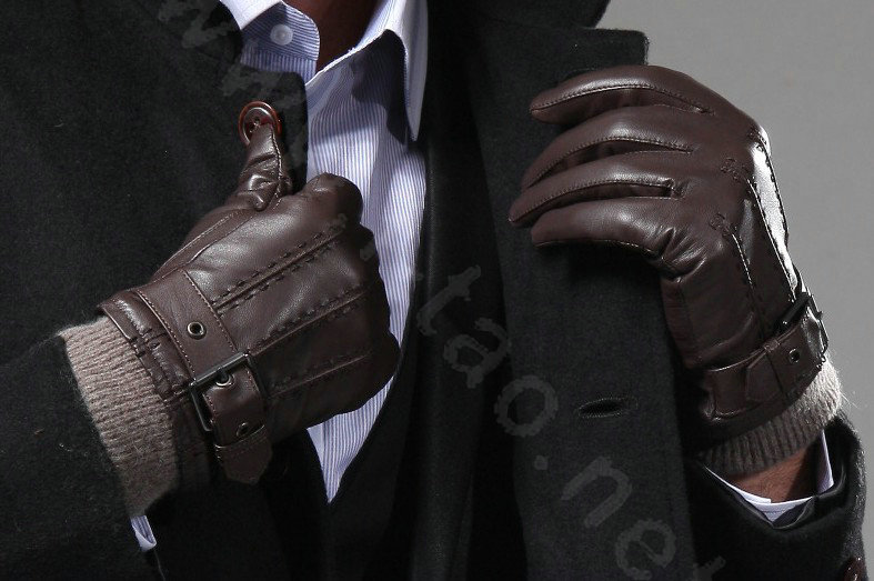 Allfond men winter waterproof cold-proof warm genuine goatskin leather hasp wool gloves L - Coffee