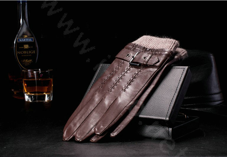 Allfond men winter waterproof cold-proof warm genuine goatskin leather hasp wool gloves L - Coffee