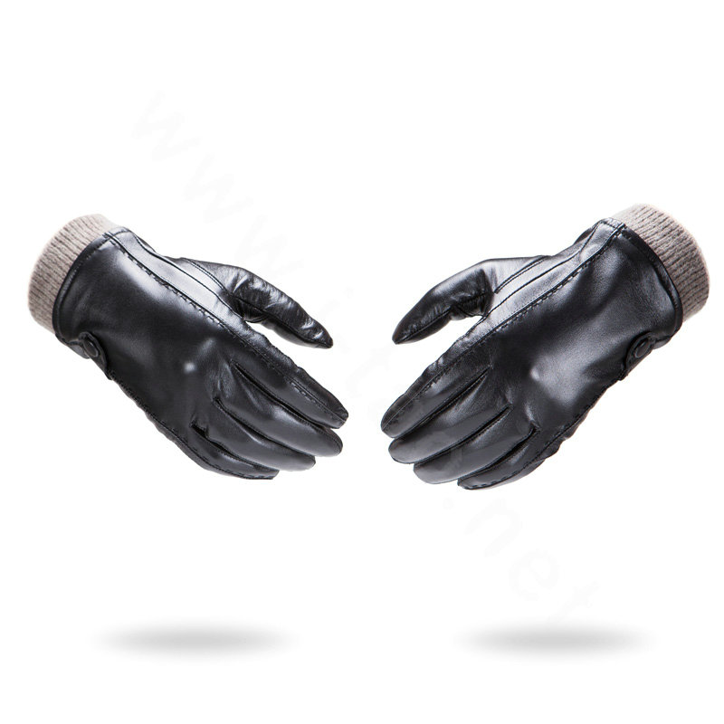 Allfond men winter waterproof cold-proof warm genuine goatskin leather wool gloves L - Black