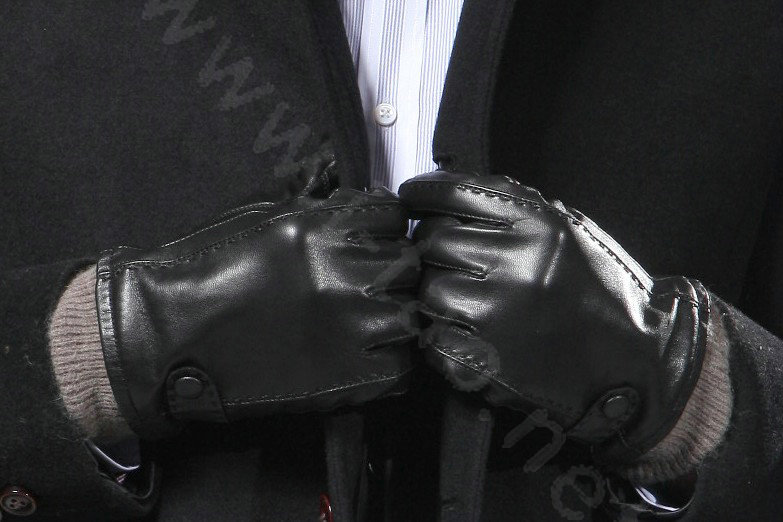 Allfond men winter waterproof cold-proof warm genuine goatskin leather wool gloves L - Black