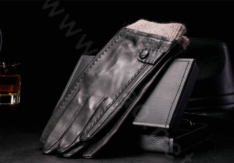 Allfond men winter waterproof cold-proof warm genuine goatskin leather wool gloves L - Black