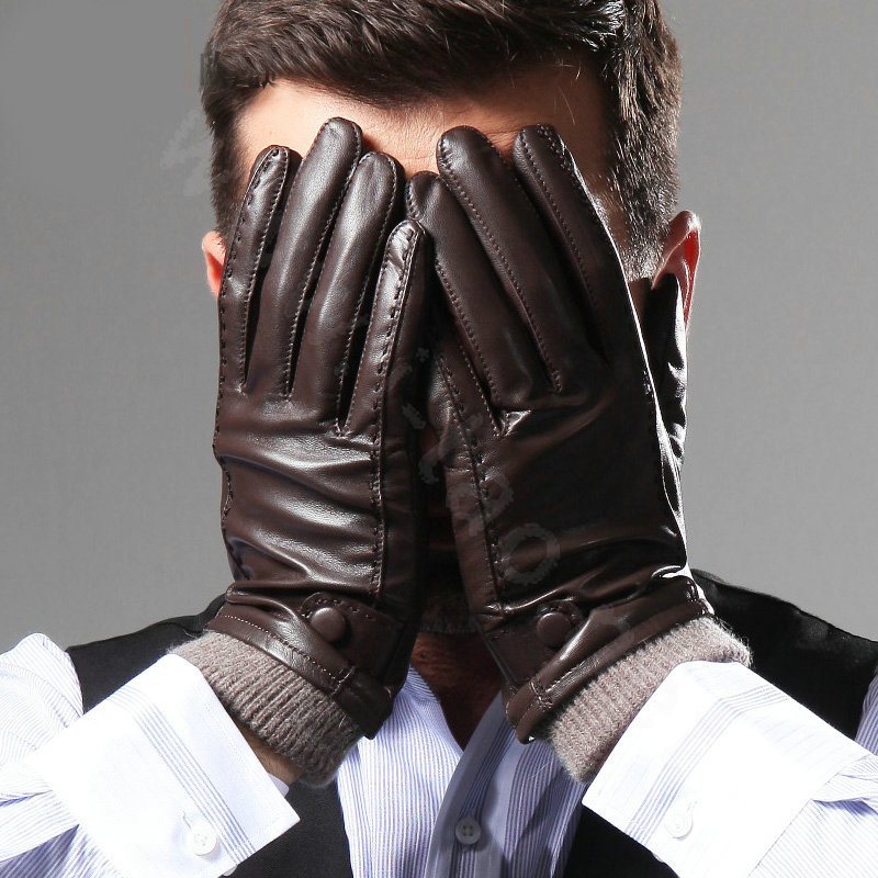 Allfond men winter waterproof cold-proof warm genuine goatskin leather wool gloves M - Coffee