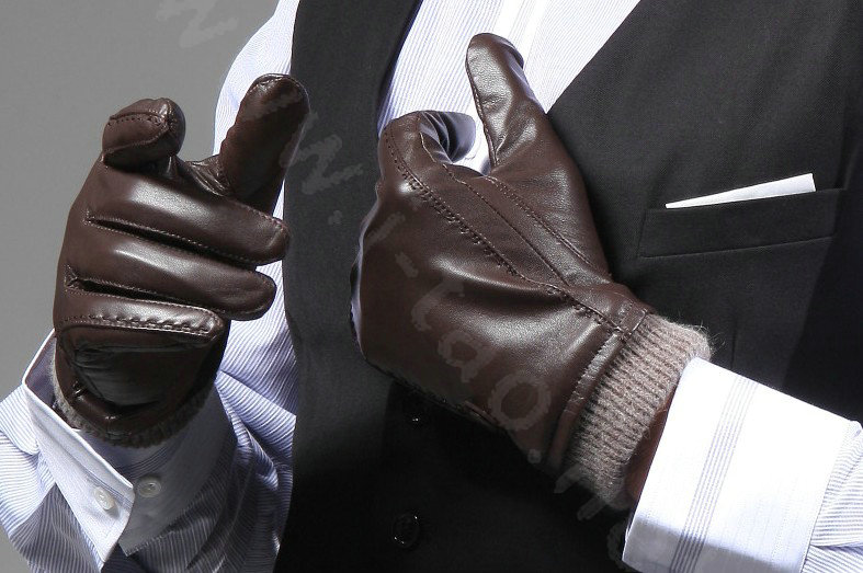 Allfond men winter waterproof cold-proof warm genuine goatskin leather wool gloves M - Coffee