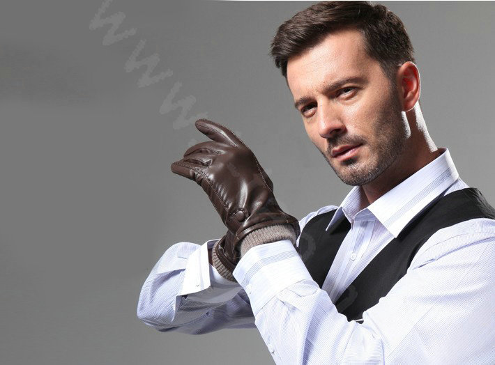 Allfond men winter waterproof cold-proof warm genuine goatskin leather wool gloves M - Coffee