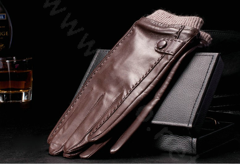 Allfond men winter waterproof cold-proof warm genuine goatskin leather wool gloves M - Coffee