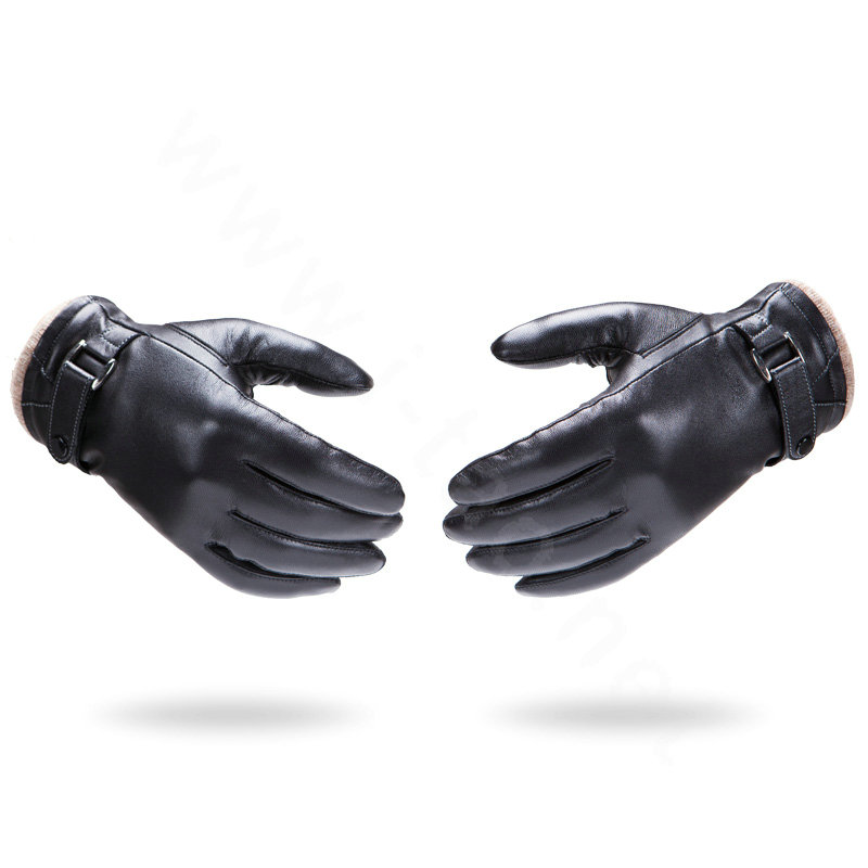 Allfond men winter waterproof cold-proof warm wool hasp genuine goatskin leather gloves L - Black