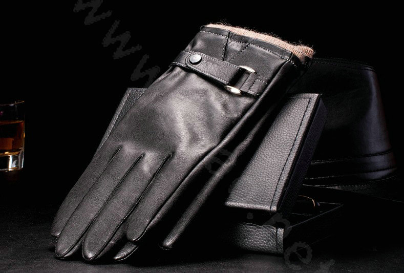Allfond men winter waterproof cold-proof warm wool hasp genuine goatskin leather gloves L - Black