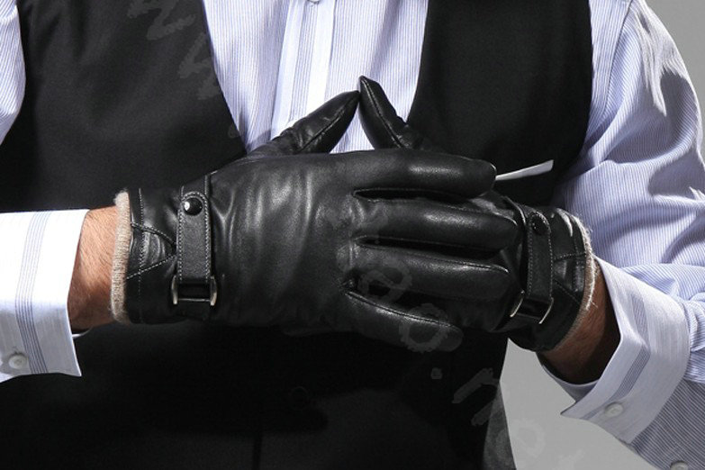 Allfond men winter waterproof cold-proof warm wool hasp genuine goatskin leather gloves L - Black