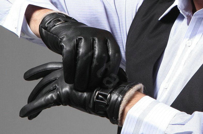 Allfond men winter waterproof cold-proof warm wool hasp genuine goatskin leather gloves L - Black