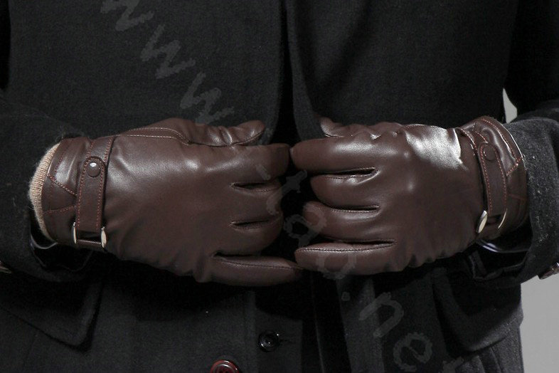 Allfond men winter waterproof cold-proof warm wool hasp genuine goatskin leather gloves L - Coffee