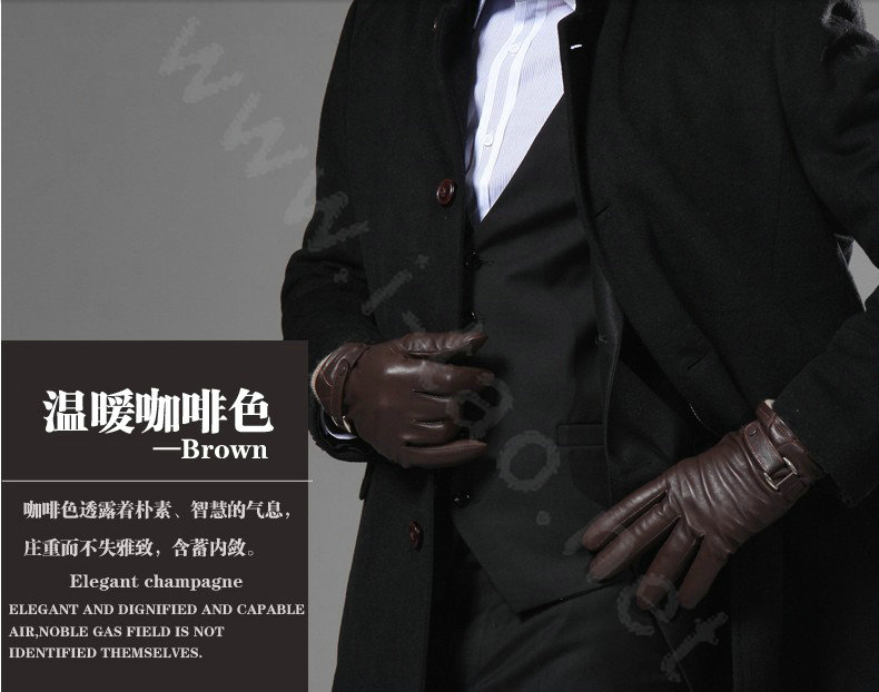 Allfond men winter waterproof cold-proof warm wool hasp genuine goatskin leather gloves L - Coffee