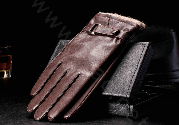 Allfond men winter waterproof cold-proof warm wool hasp genuine goatskin leather gloves L - Coffee