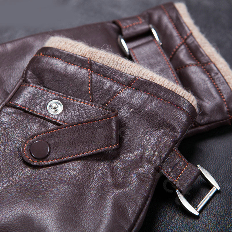 Allfond men winter waterproof cold-proof warm wool hasp genuine goatskin leather gloves L - Coffee