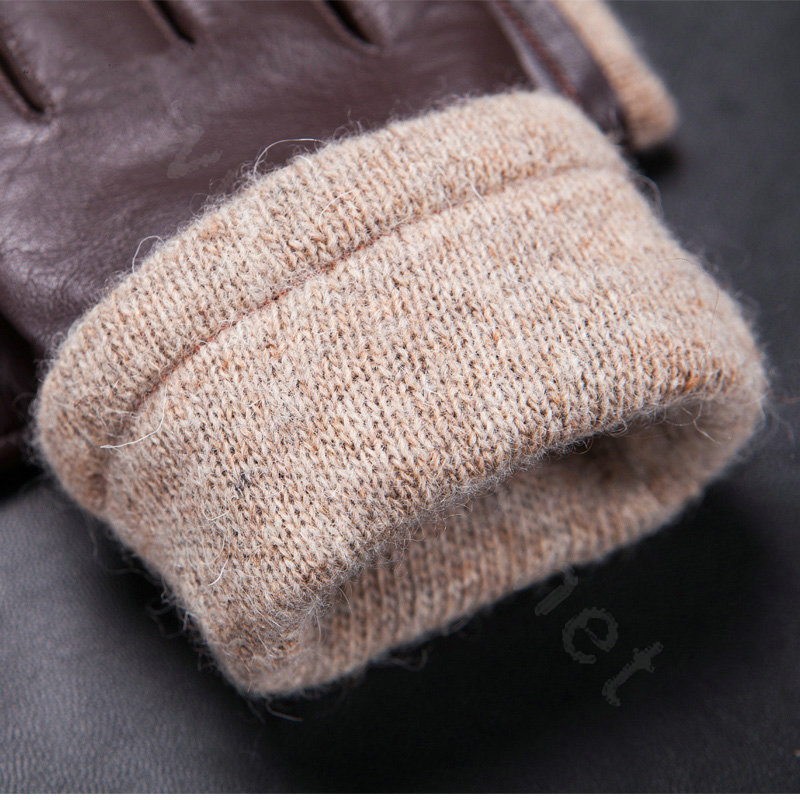 Allfond men winter waterproof cold-proof warm wool hasp genuine goatskin leather gloves L - Coffee