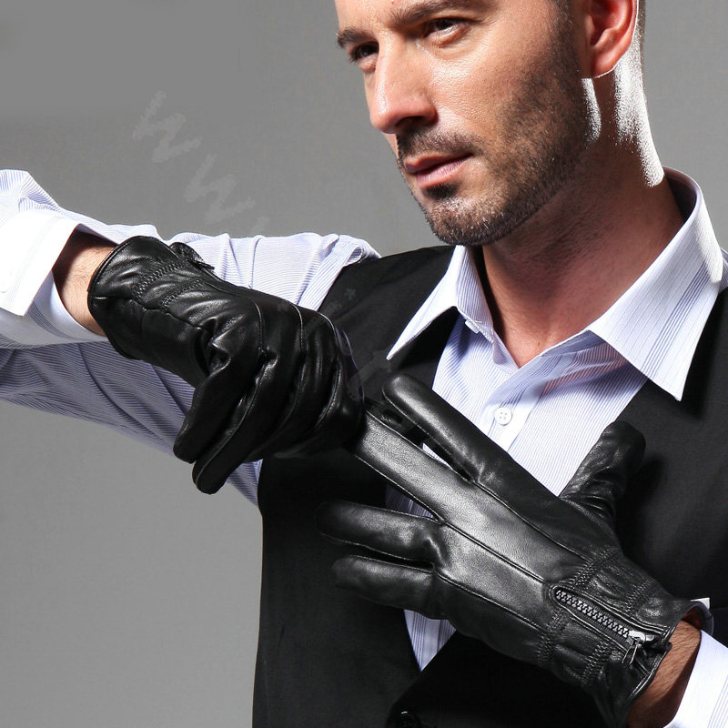 Allfond men zip winter waterproof cold-proof plus velvet warm genuine sheep skin leather gloves - Black