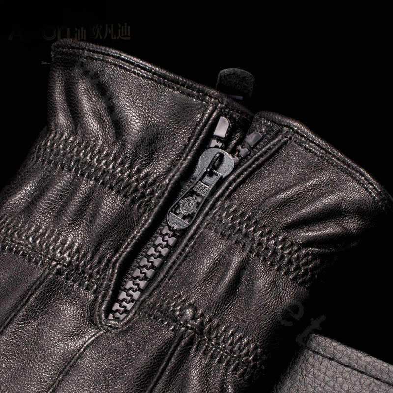 Allfond men zip winter waterproof cold-proof plus velvet warm genuine sheep skin leather gloves - Black