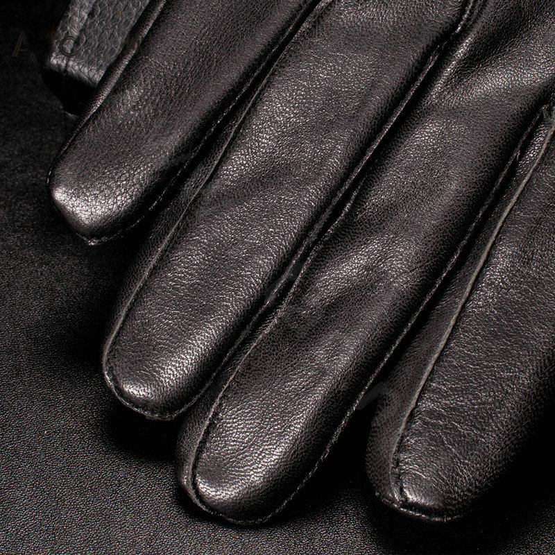 Allfond men zip winter waterproof cold-proof plus velvet warm genuine sheep skin leather gloves - Black