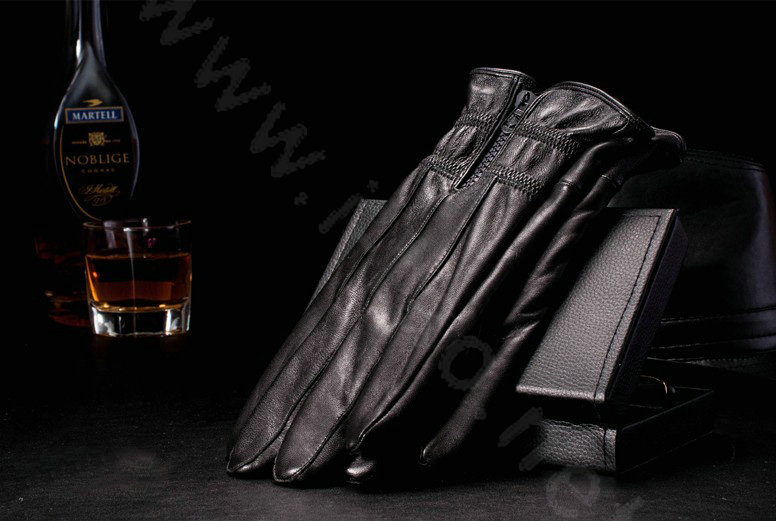 Allfond men zip winter waterproof cold-proof plus velvet warm genuine sheep skin leather gloves - Black