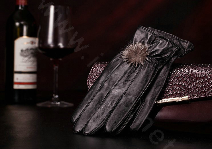 Allfond women ball winter waterproof cold-proof plus velvet warm genuine sheep skin leather gloves - Black