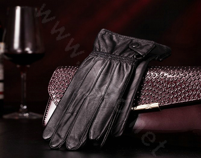 Allfond women button winter waterproof cold-proof plus velvet warm genuine sheep skin leather gloves - Black