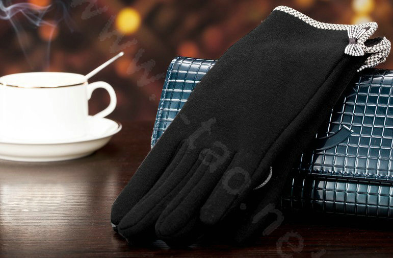 Allfond women touch screen gloves stretch cotton bow-knot winter warm solid color gloves - Black