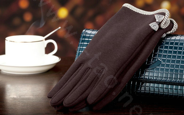 Allfond women touch screen gloves stretch cotton bow-knot winter warm solid color gloves - Coffee