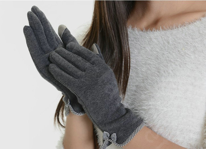 Allfond women touch screen gloves stretch cotton bow-knot winter warm solid color gloves - Gray