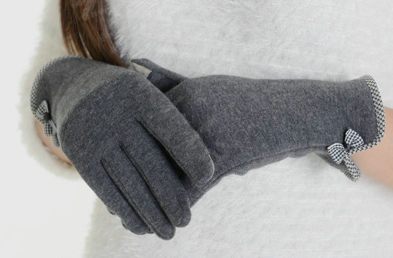Allfond women touch screen gloves stretch cotton bow-knot winter warm solid color gloves - Gray
